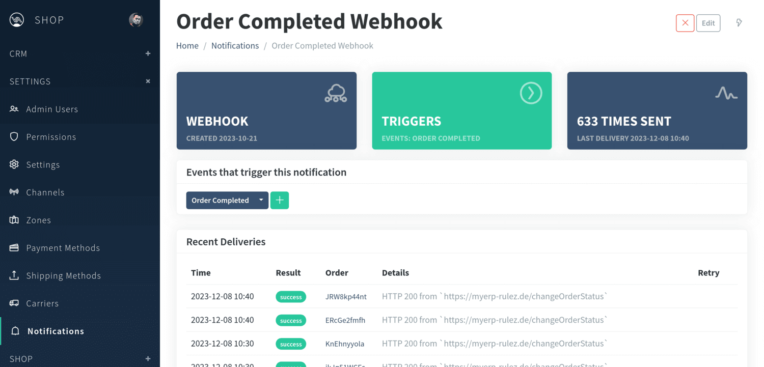 Webhook Screenshot on Admin